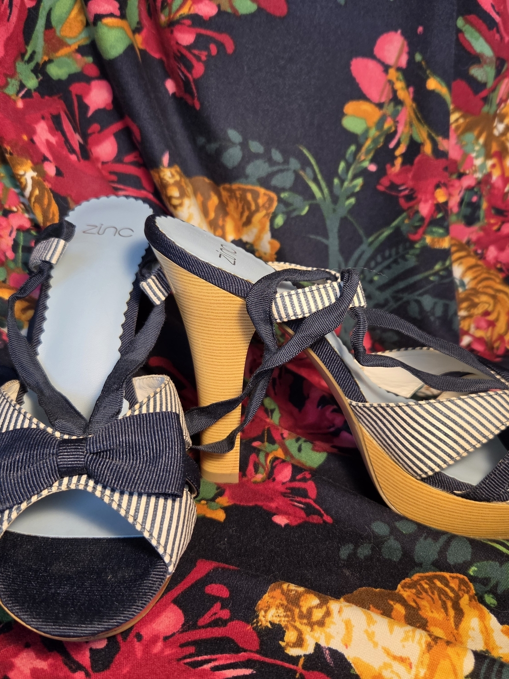 Zinc Navy & Natural Striped Tie-Up Platform Heels